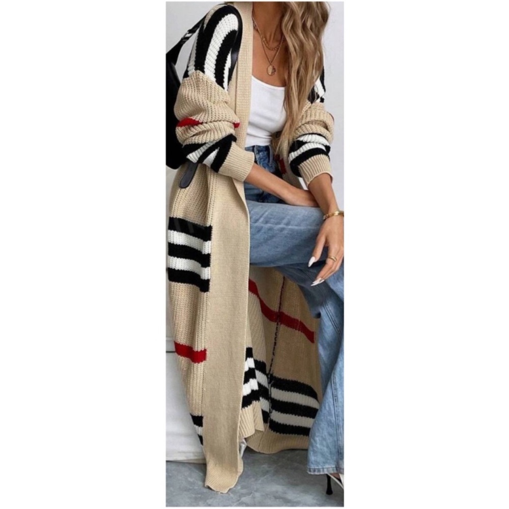 Cozy Stripes Color Block Open Front Loose Fit Long Cardigan XS S M L XL